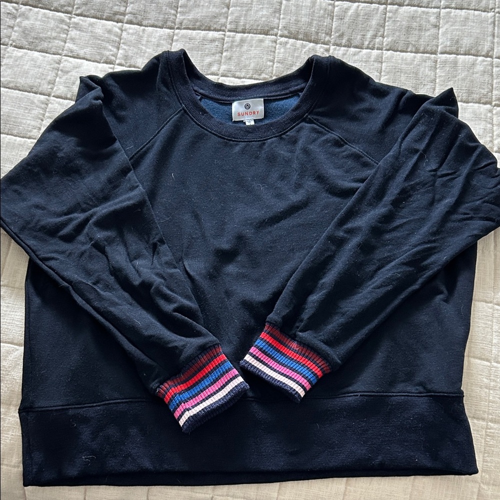 Sundry Navy Crewneck with Colorful Striped Cuffs